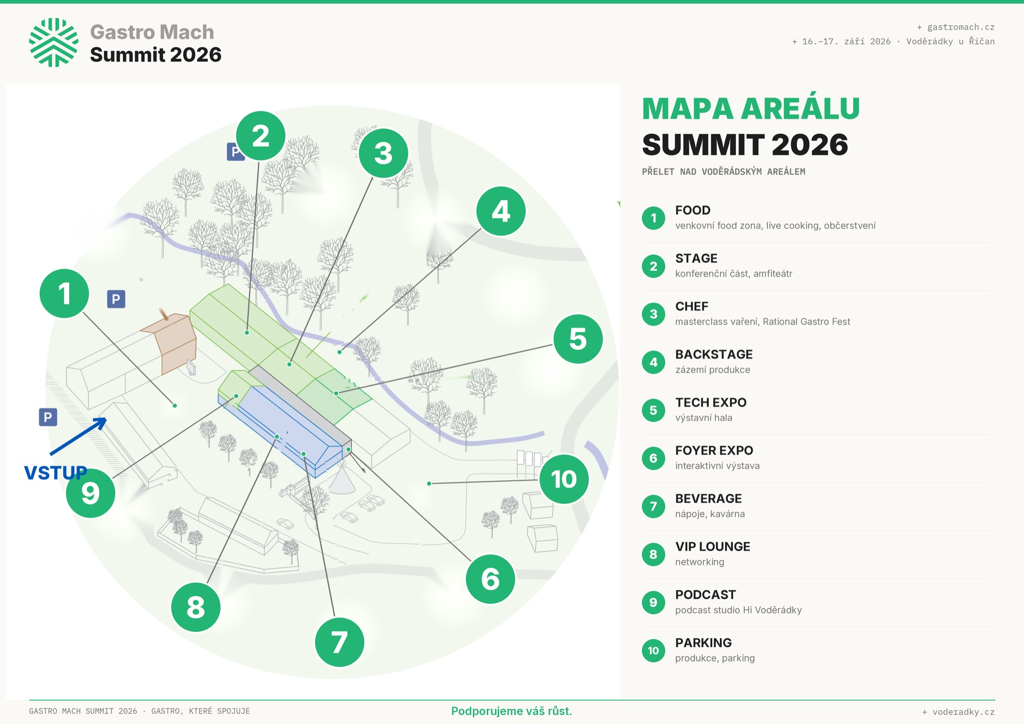 Mapa areálu Summit 2026, přelet nad voděrádským areálem s 10 zónami